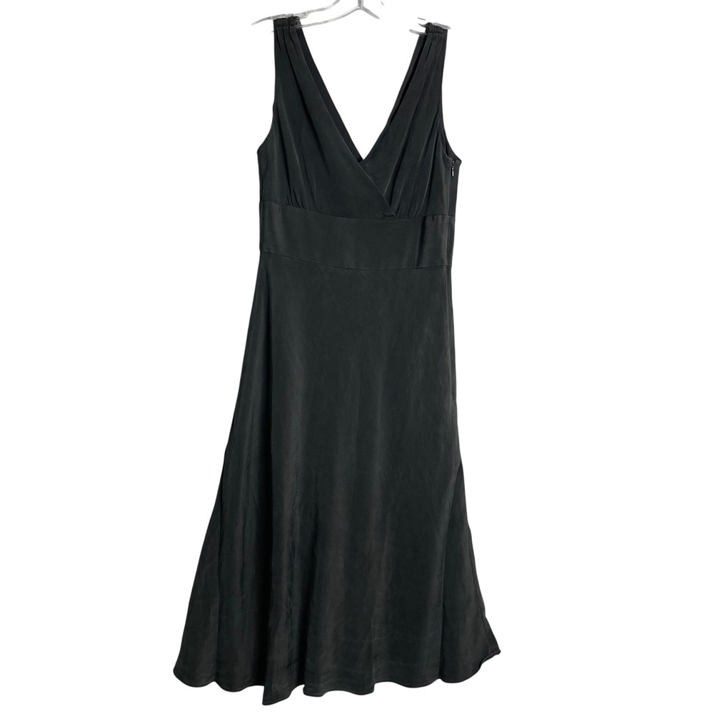 Vintage J. Crew 100% Silk Midi Dress Womens 6 Washed Black LBD‎ Classic V Neck